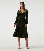 Deep V Neck Long Sleeve Ruffle Hem Velvet Midi Dress — Rifle Green — view 1