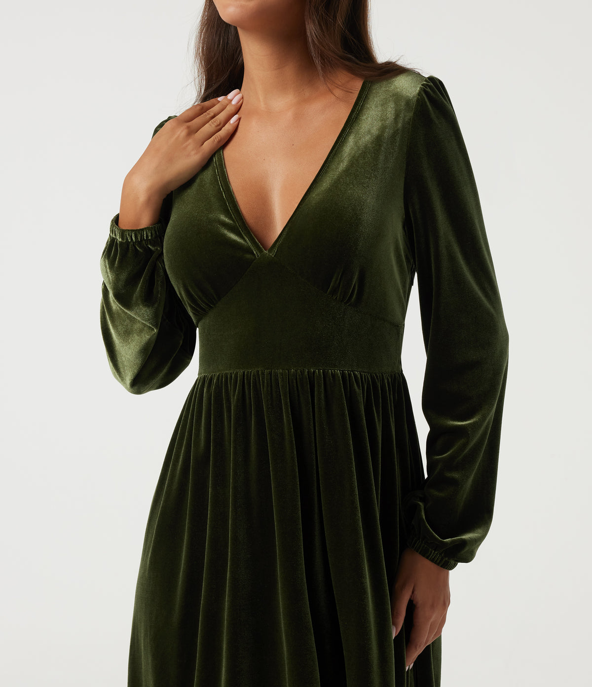 Deep V Neck Long Sleeve Ruffle Hem Velvet Midi Dress — Rifle Green — view 4