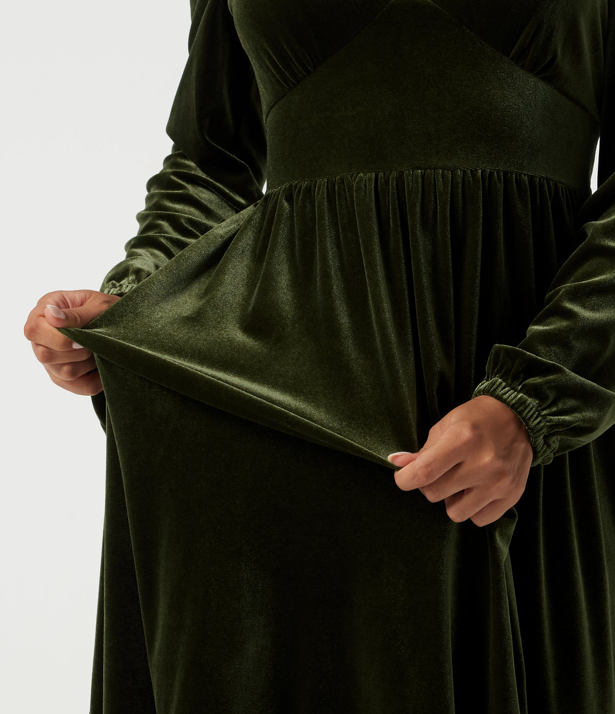 Deep V Neck Long Sleeve Ruffle Hem Velvet Midi Dress — Rifle Green — view 6