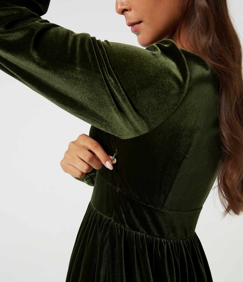 Deep V Neck Long Sleeve Ruffle Hem Velvet Midi Dress — Rifle Green — view 5