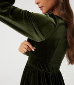 Deep V Neck Long Sleeve Ruffle Hem Velvet Midi Dress — Rifle Green — view 5
