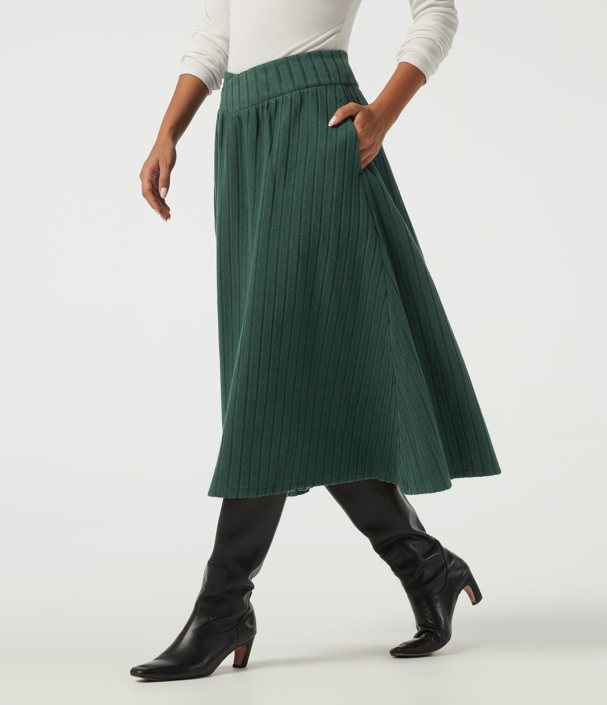 High Waisted Crossover A-Line Casual Midi Skirt with Pockets — Mottled Greenlake — view 3