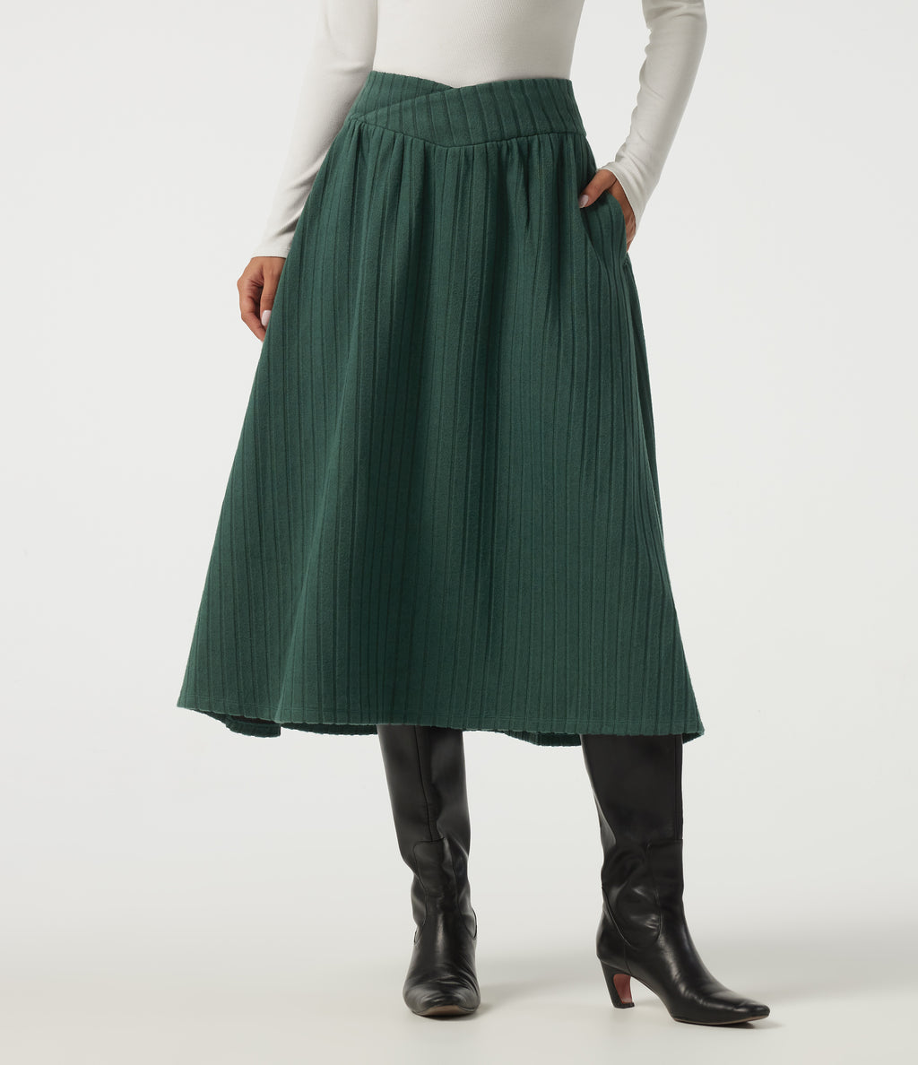 High Waisted Crossover A-Line Casual Midi Skirt with Pockets — Mottled Greenlake — view 1