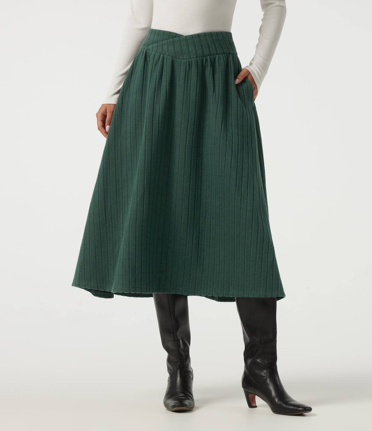 High Waisted Crossover A-Line Casual Midi Skirt with Pockets — Mottled Greenlake — view 1