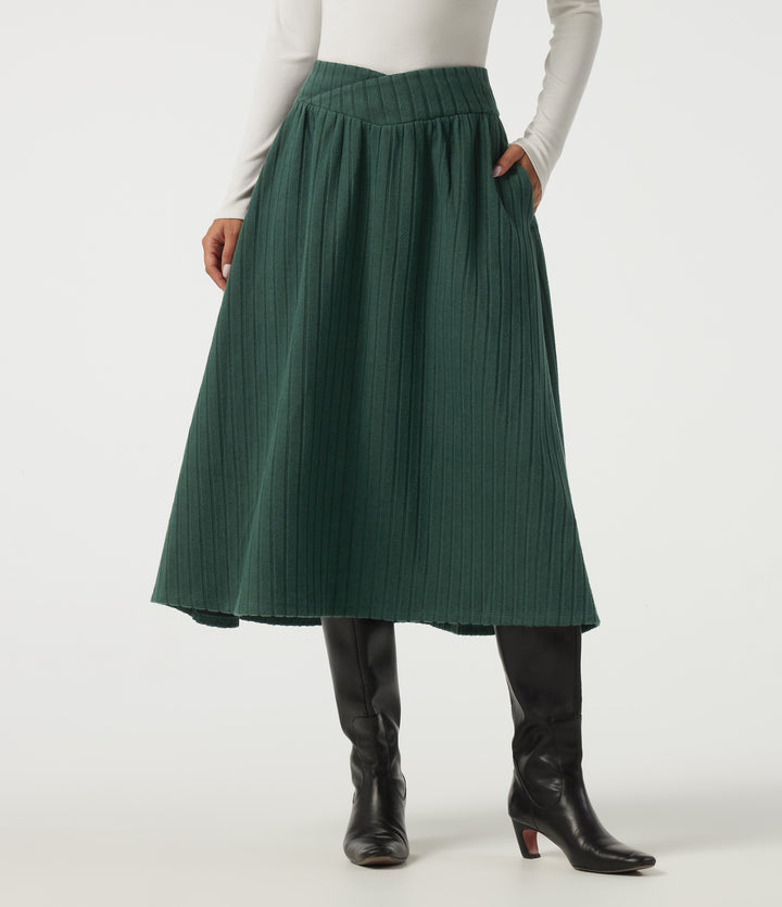 High Waisted Crossover A-Line Casual Midi Skirt with Pockets — Mottled Greenlake — view 1
