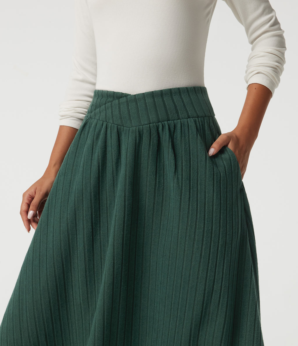 High Waisted Crossover A-Line Casual Midi Skirt with Pockets — Mottled Greenlake — view 4