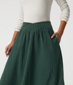 High Waisted Crossover A-Line Casual Midi Skirt with Pockets — Mottled Greenlake — view 4