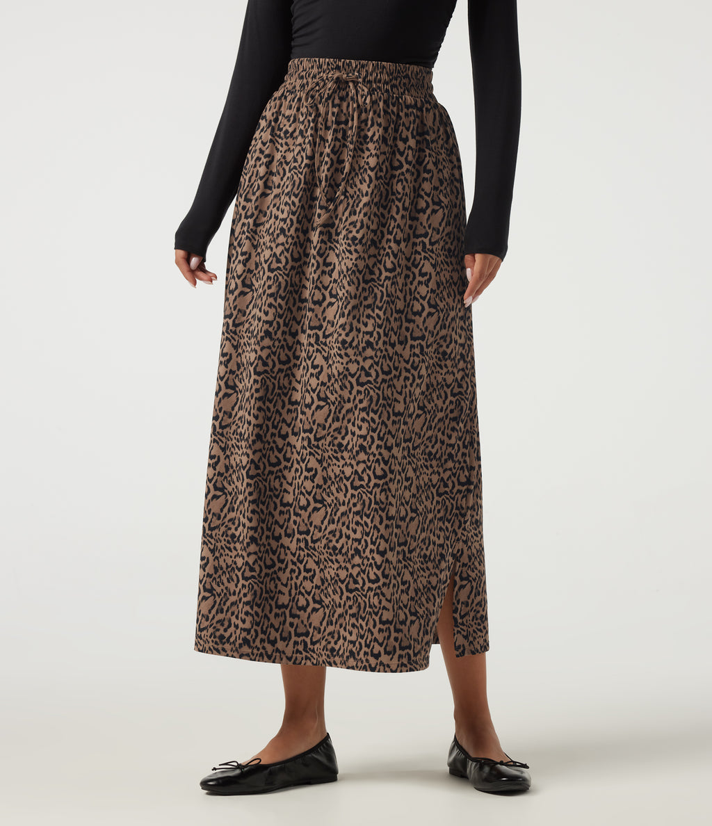 Leopard Print High Waisted Drawstring A Line Midi Casual Skirt — Blush Safari — view 1