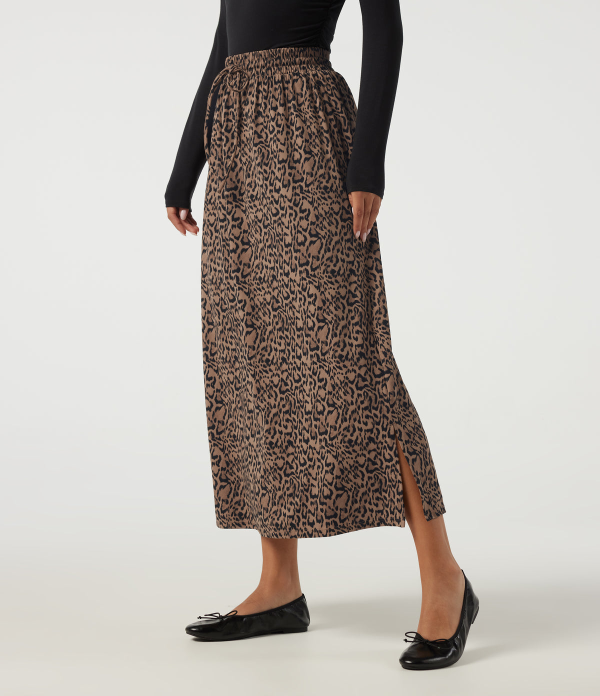 Leopard Print High Waisted Drawstring A Line Midi Casual Skirt — Blush Safari — view 3