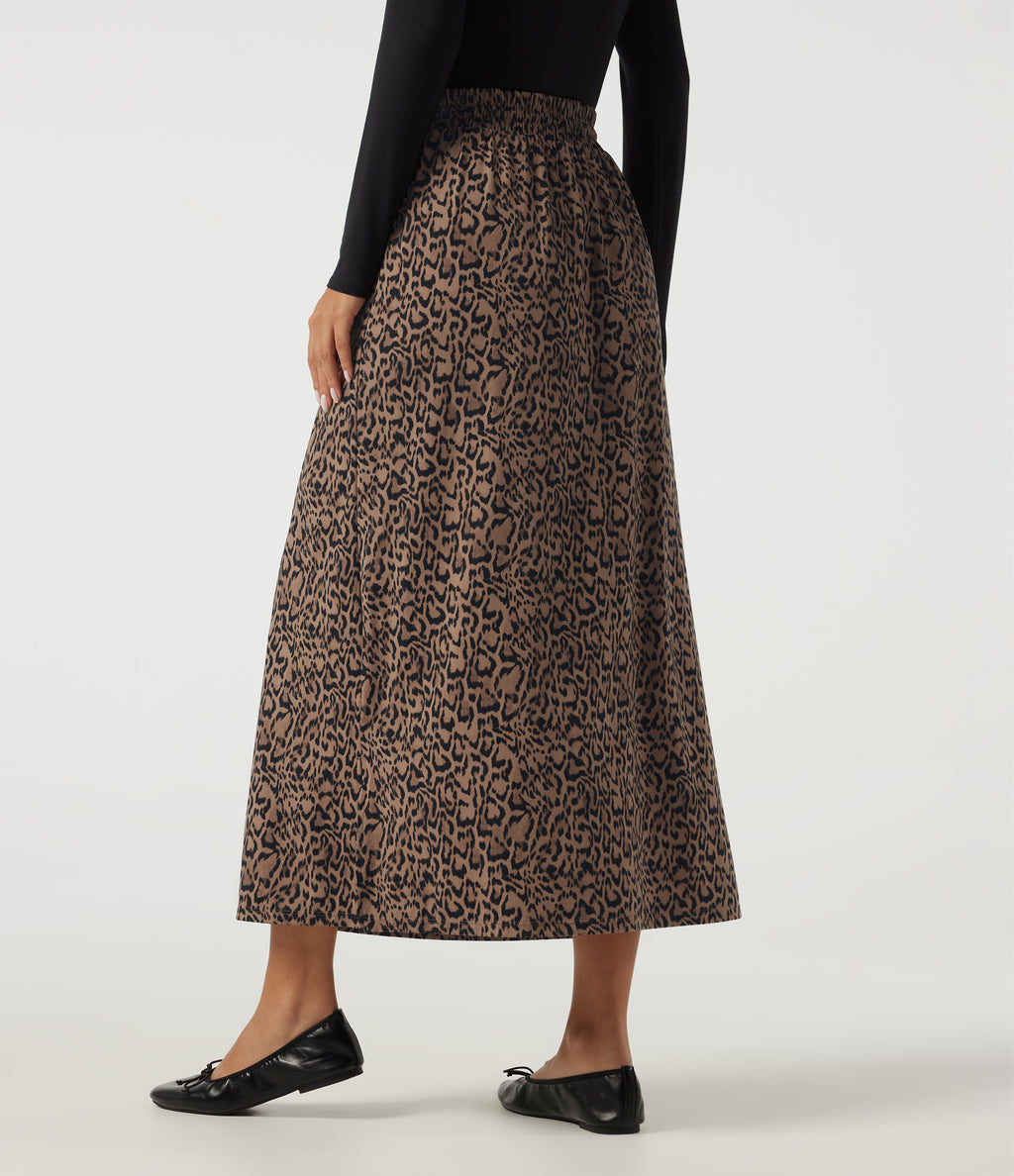 Leopard Print High Waisted Drawstring A Line Midi Casual Skirt — Blush Safari — view 2