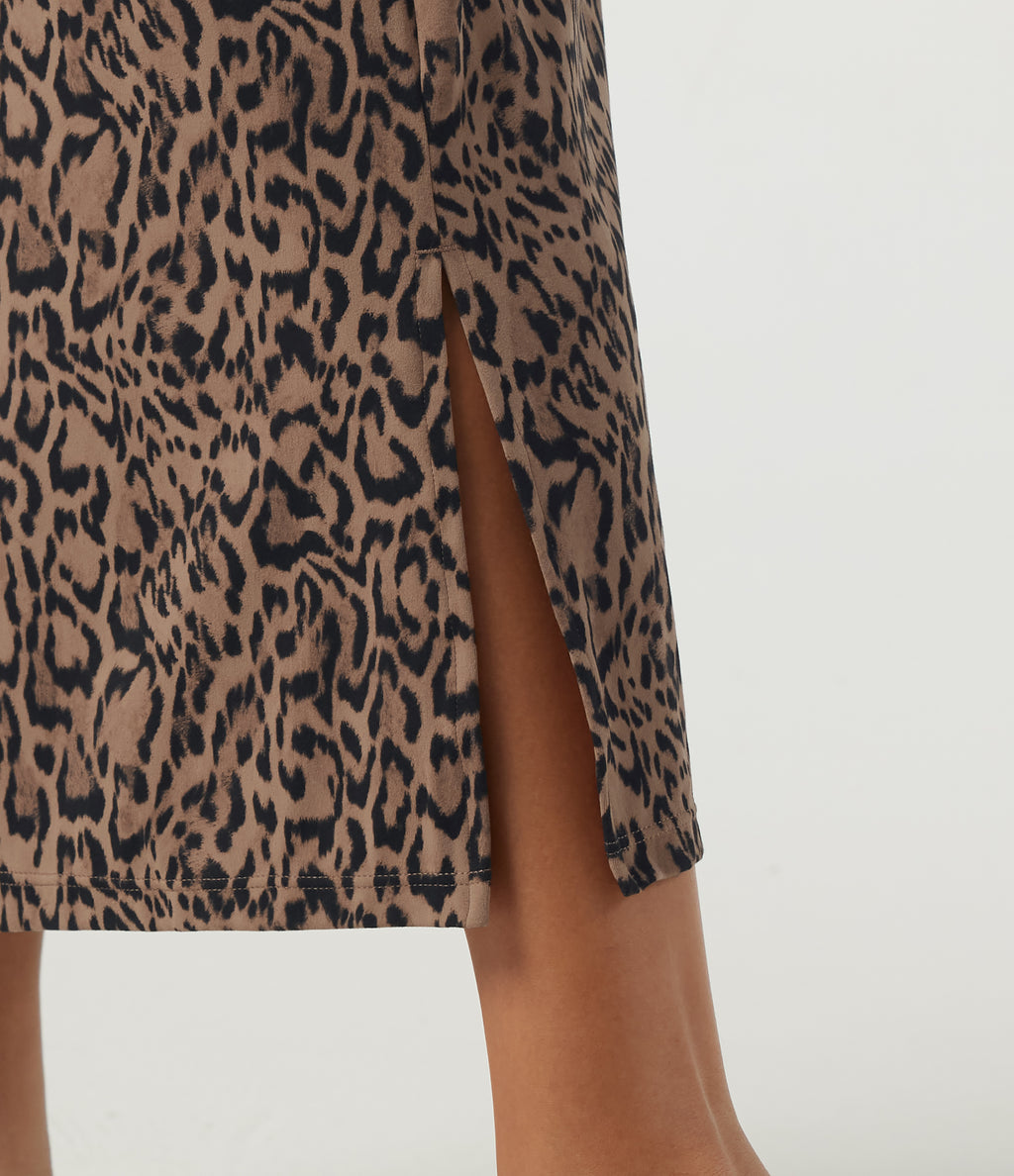 Leopard Print High Waisted Drawstring A Line Midi Casual Skirt — Blush Safari — view 5