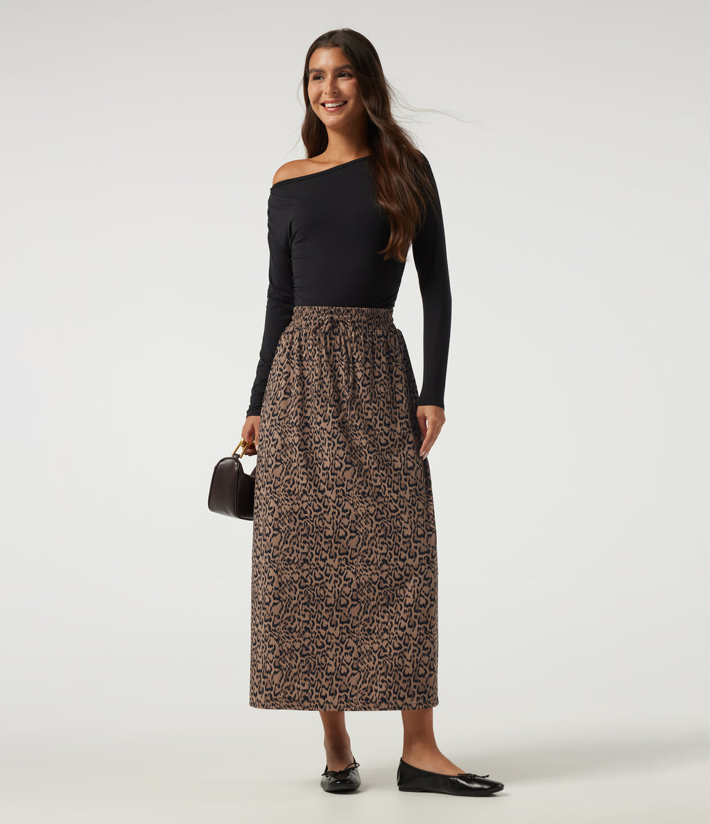 Leopard Print High Waisted Drawstring A Line Midi Casual Skirt — Blush Safari — view 7