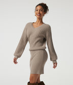 V Neck Long Sleeve Work Sweater — Stucco — view 3