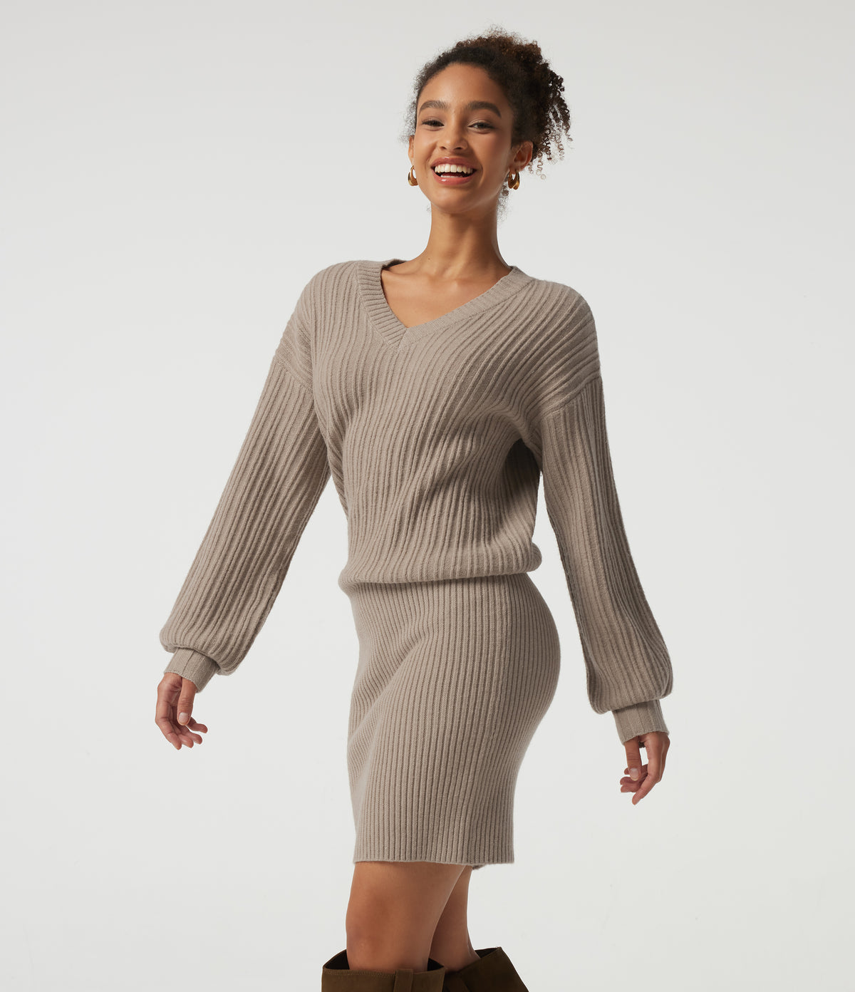 V Neck Long Sleeve Work Sweater — Stucco — view 3