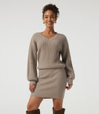 V Neck Long Sleeve Work Sweater — Stucco — view 1
