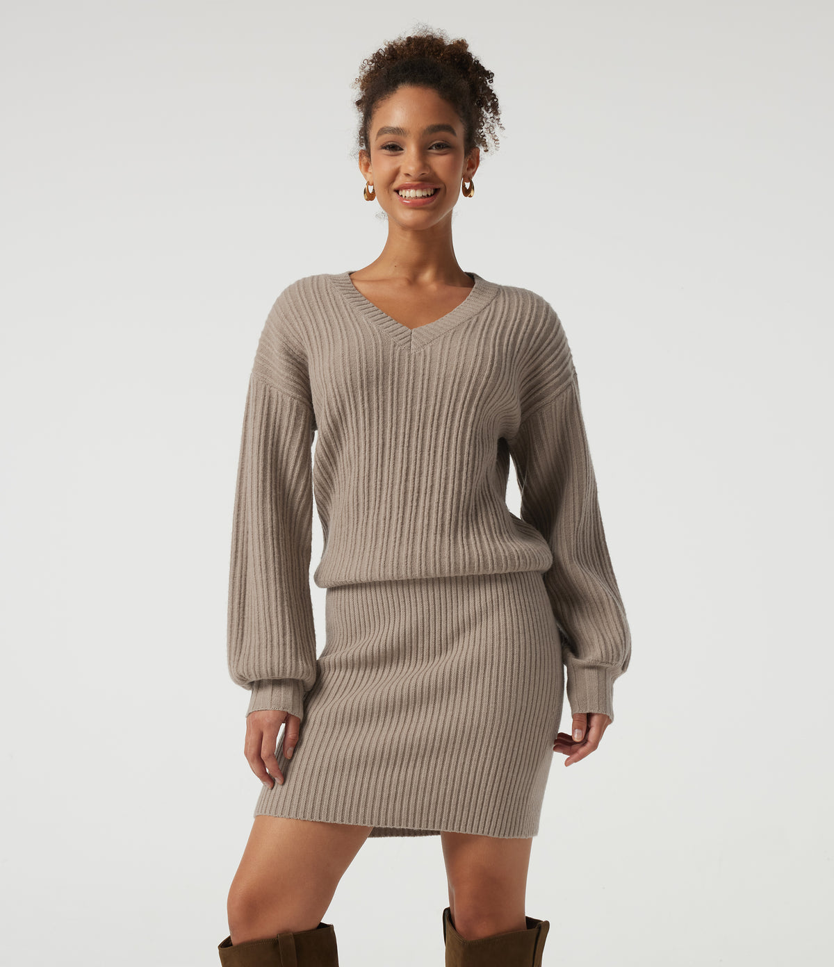 V Neck Long Sleeve Work Sweater — Stucco — view 1