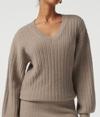 V Neck Long Sleeve Work Sweater — Stucco — view 4