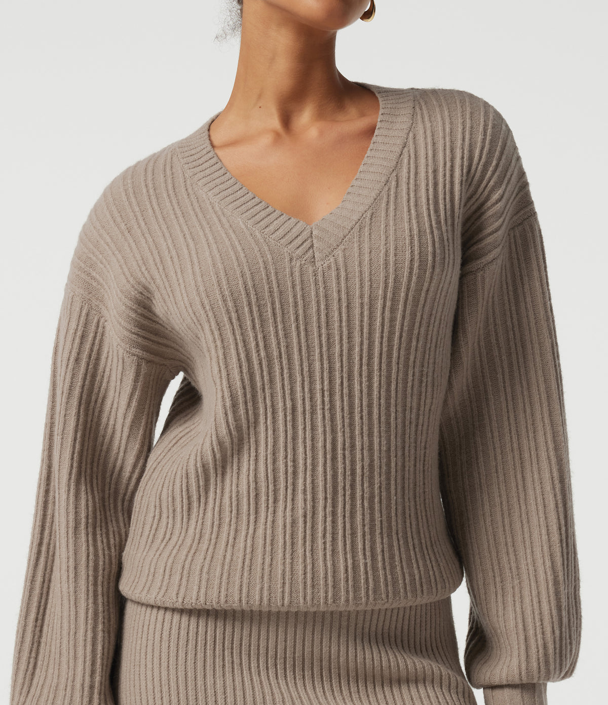 V Neck Long Sleeve Work Sweater — Stucco — view 4