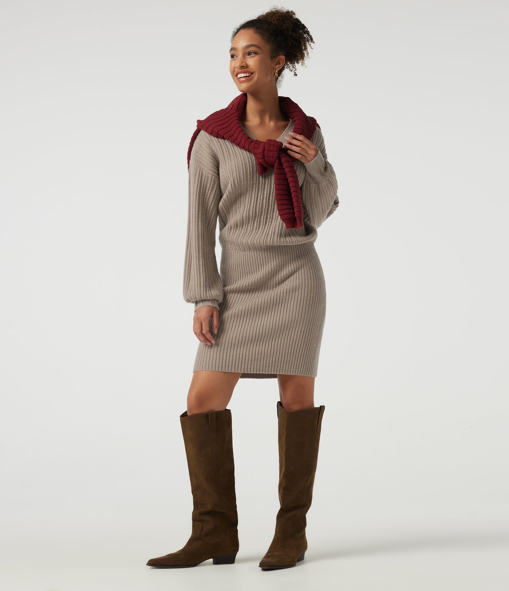 V Neck Long Sleeve Work Sweater — Stucco — view 6