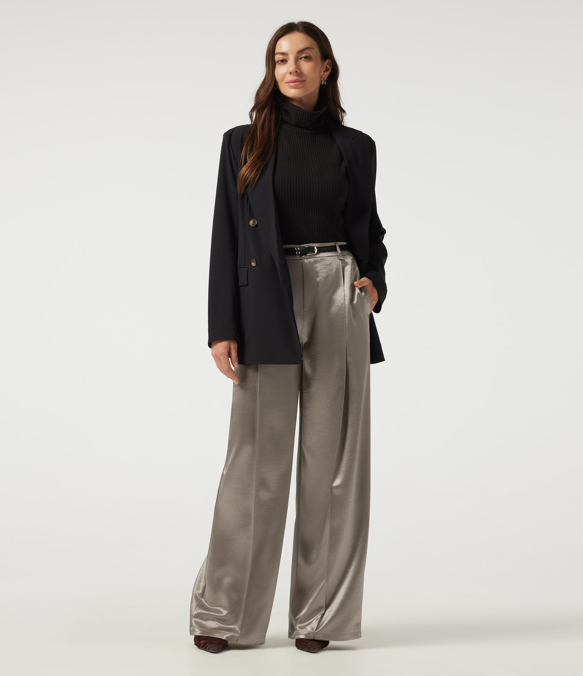 High Waisted Straight Leg Satin Work Trousers with Pockets — White Pewter — view 6