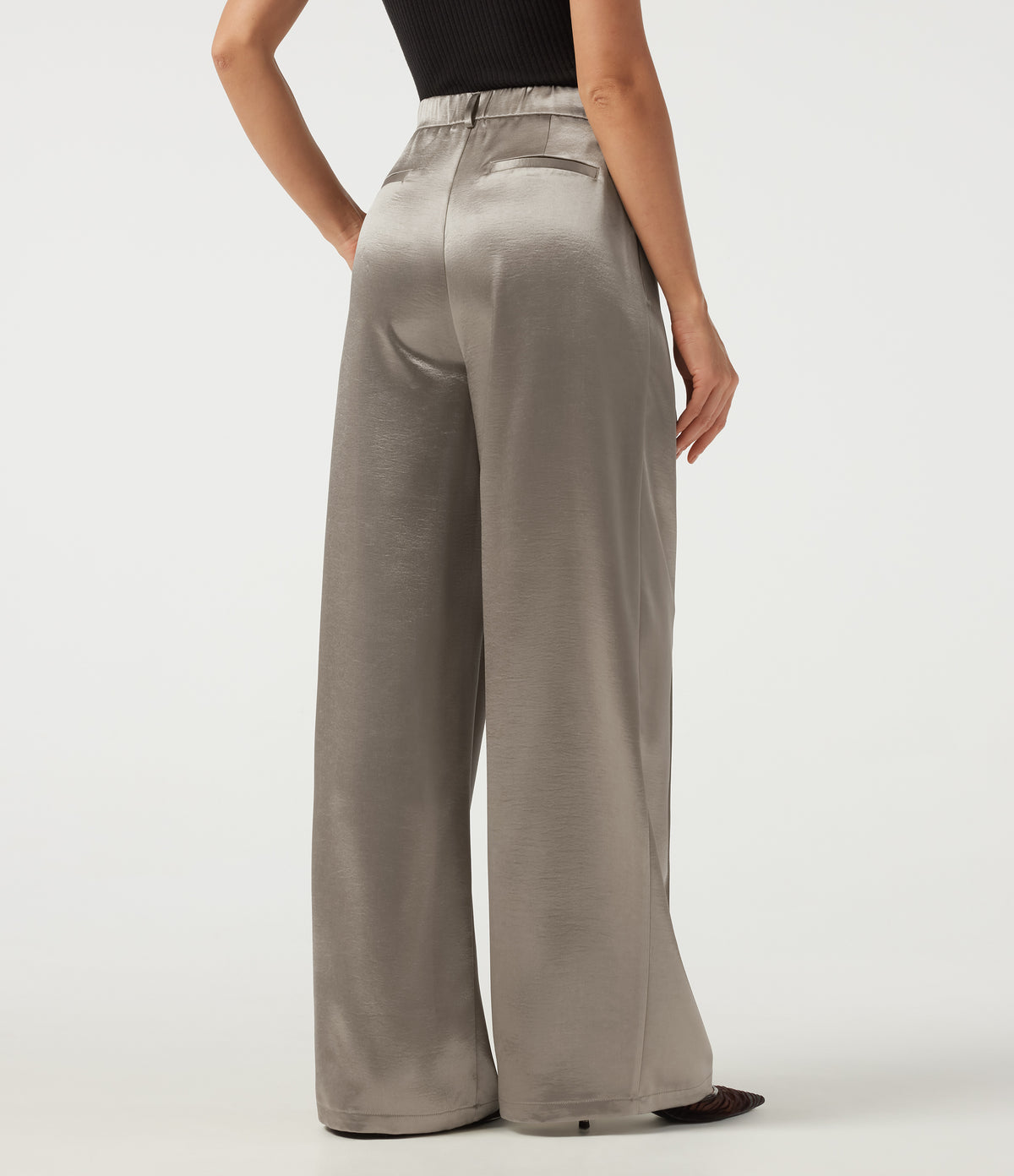 High Waisted Straight Leg Satin Work Trousers with Pockets — White Pewter — view 2