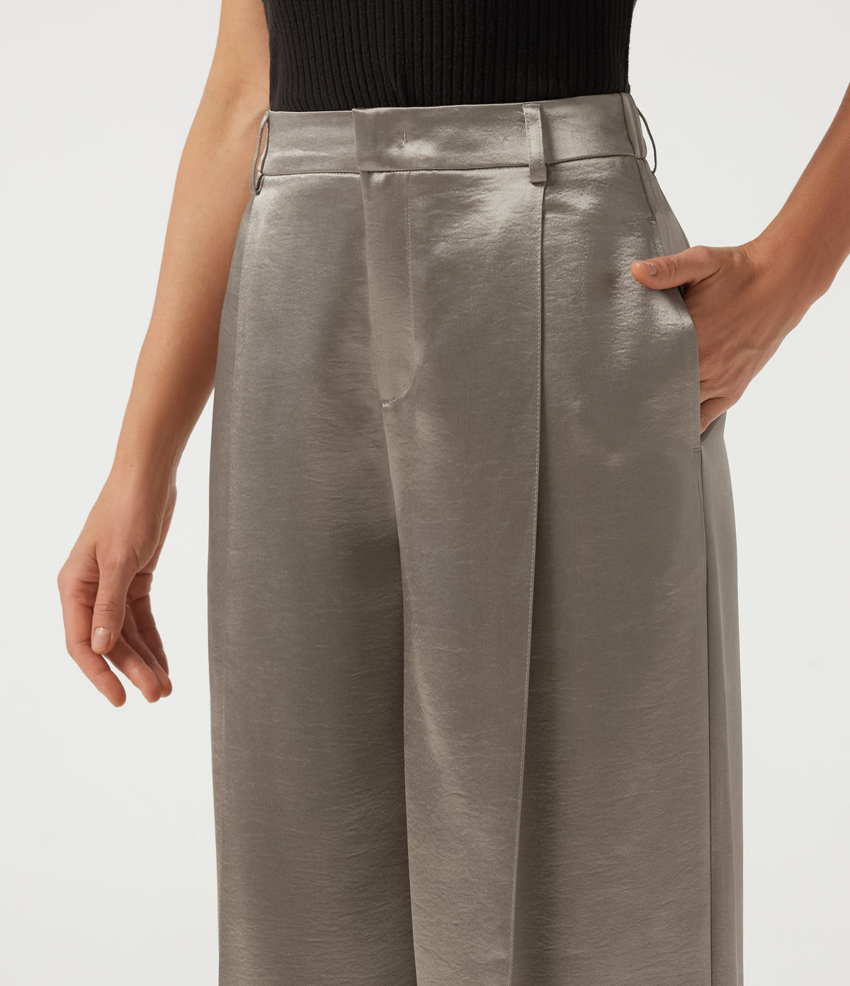 High Waisted Straight Leg Satin Work Trousers with Pockets — White Pewter — view 5