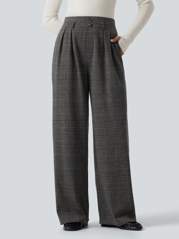 High Waisted Houndstooth Plaid Wide Leg Work Trousers with Pockets — Dark Gray Plaid — view 1