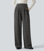 High Waisted Houndstooth Plaid Wide Leg Work Trousers with Pockets — Dark Gray Plaid — view 1