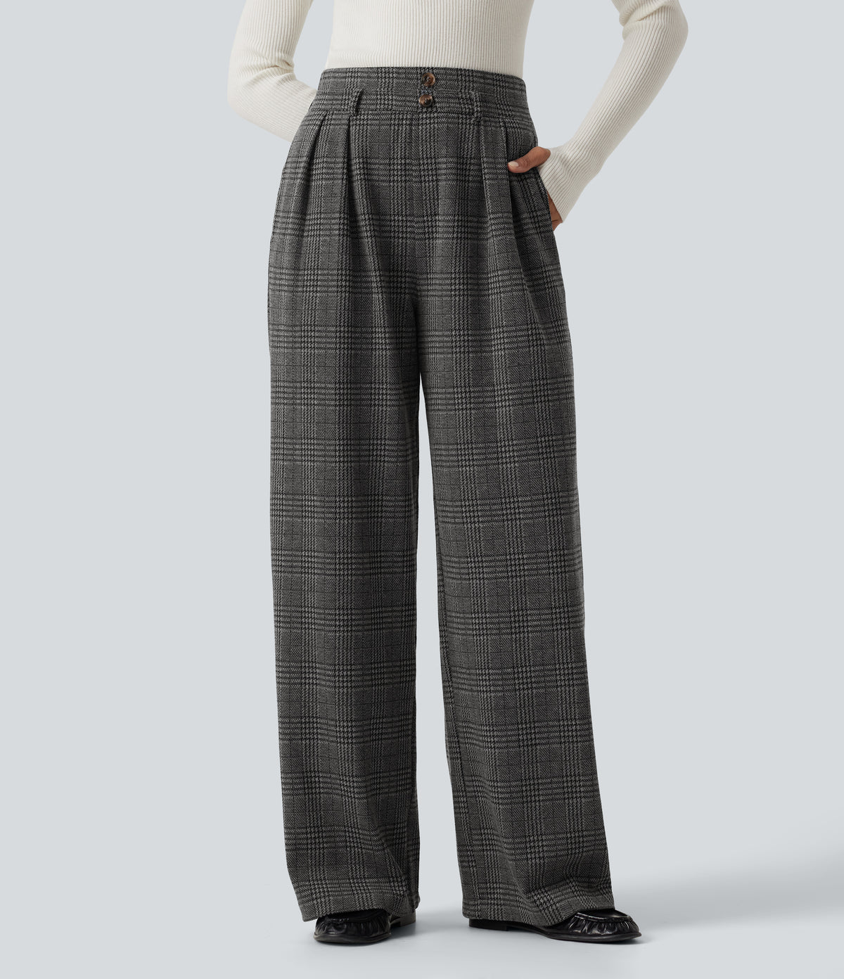 High Waisted Houndstooth Plaid Wide Leg Work Trousers with Pockets — Dark Gray Plaid — view 1
