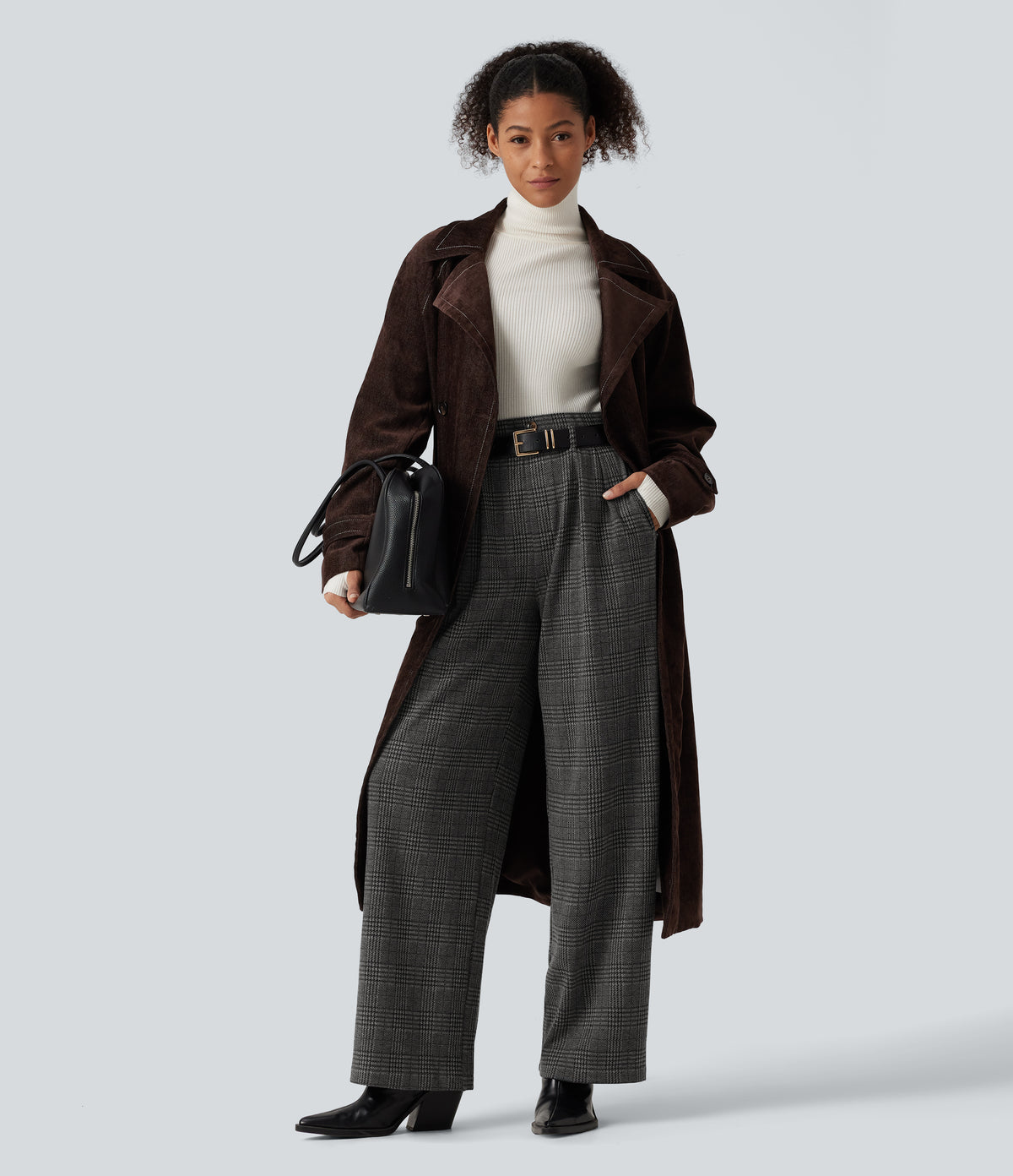 High Waisted Houndstooth Plaid Wide Leg Work Trousers with Pockets — Dark Gray Plaid — view 6