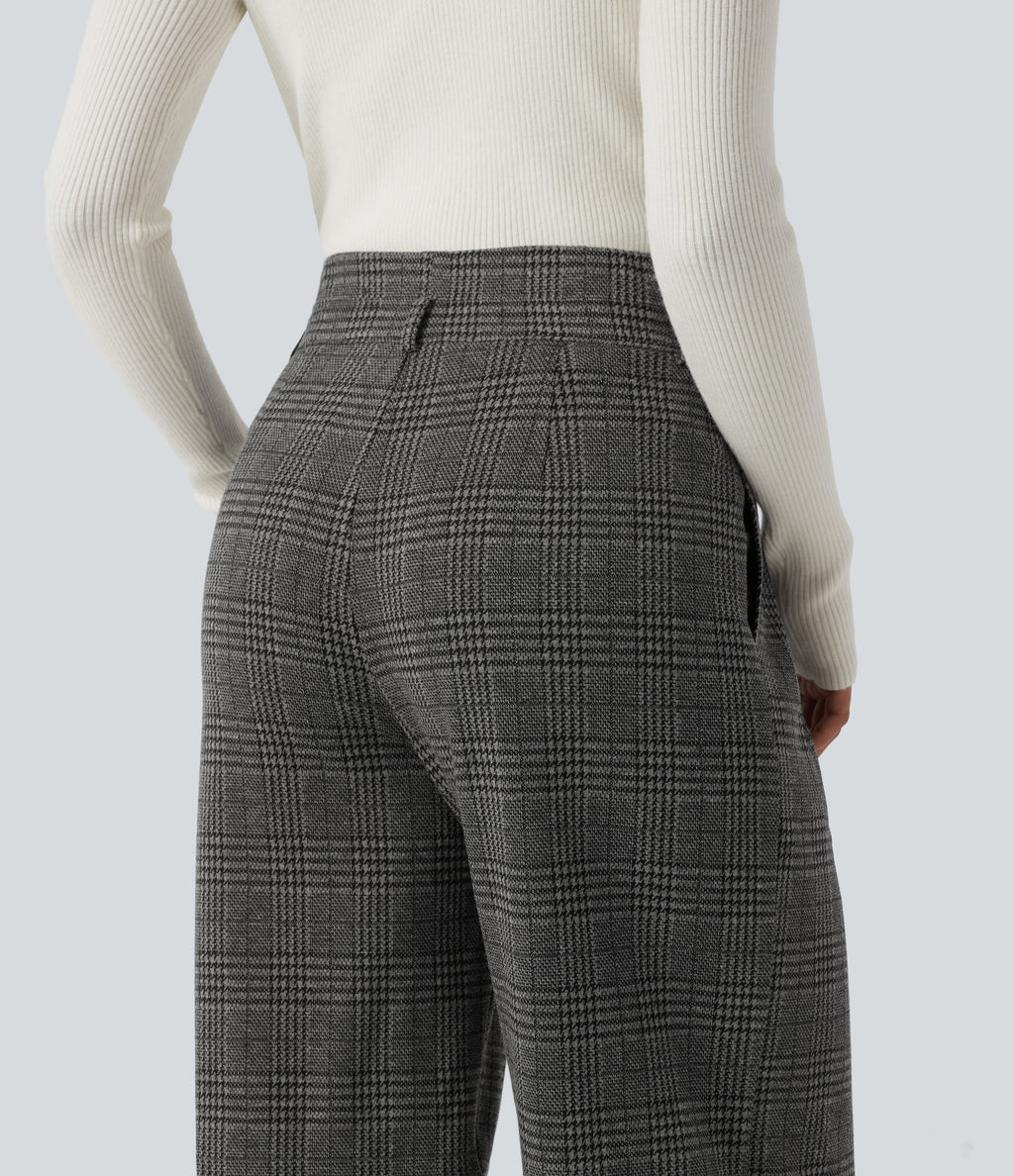 High Waisted Houndstooth Plaid Wide Leg Work Trousers with Pockets — Dark Gray Plaid — view 5