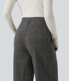 High Waisted Houndstooth Plaid Wide Leg Work Trousers with Pockets — Dark Gray Plaid — view 5