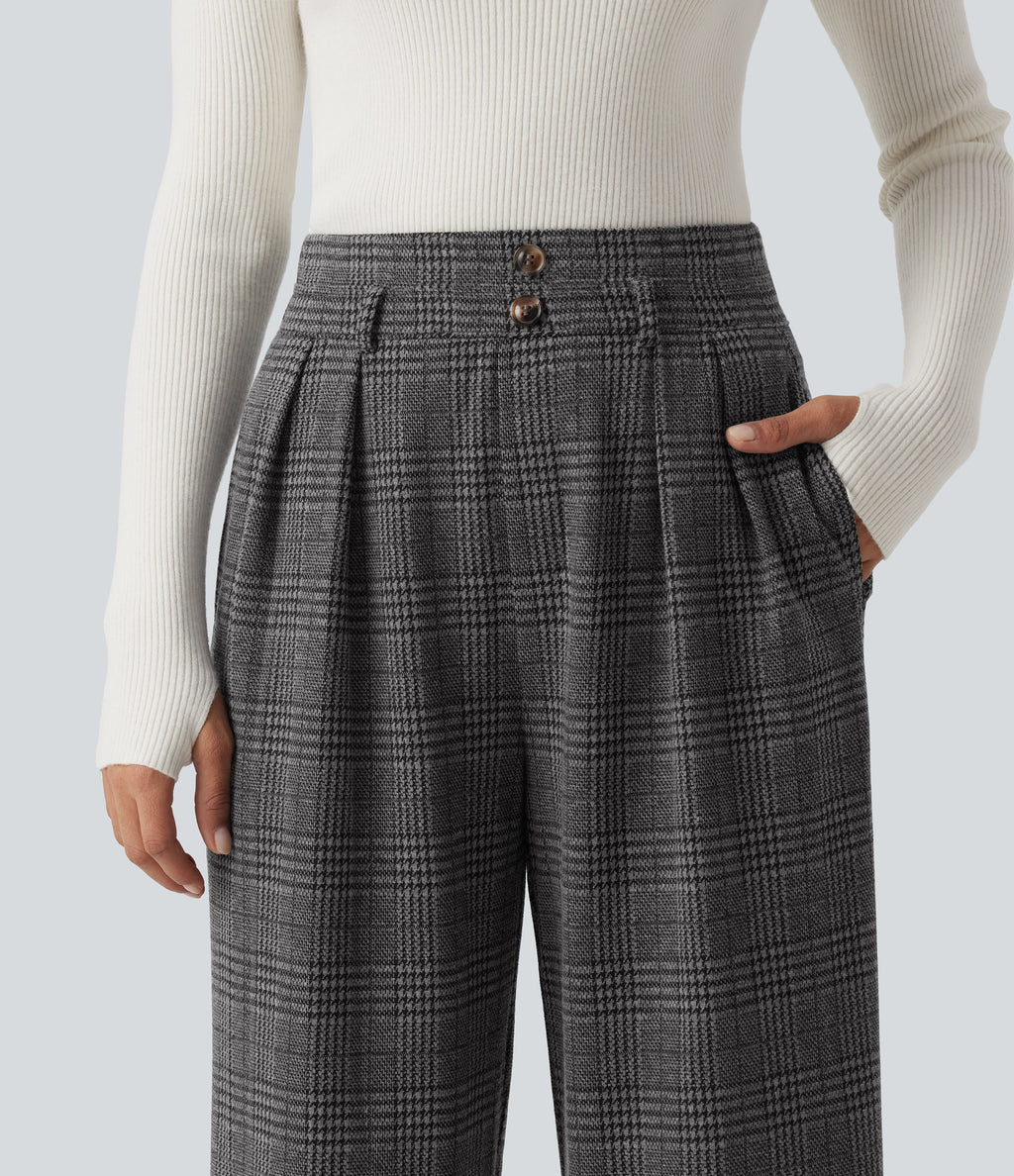 High Waisted Houndstooth Plaid Wide Leg Work Trousers with Pockets — Dark Gray Plaid — view 4