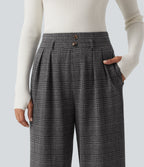 High Waisted Houndstooth Plaid Wide Leg Work Trousers with Pockets — Dark Gray Plaid — view 4