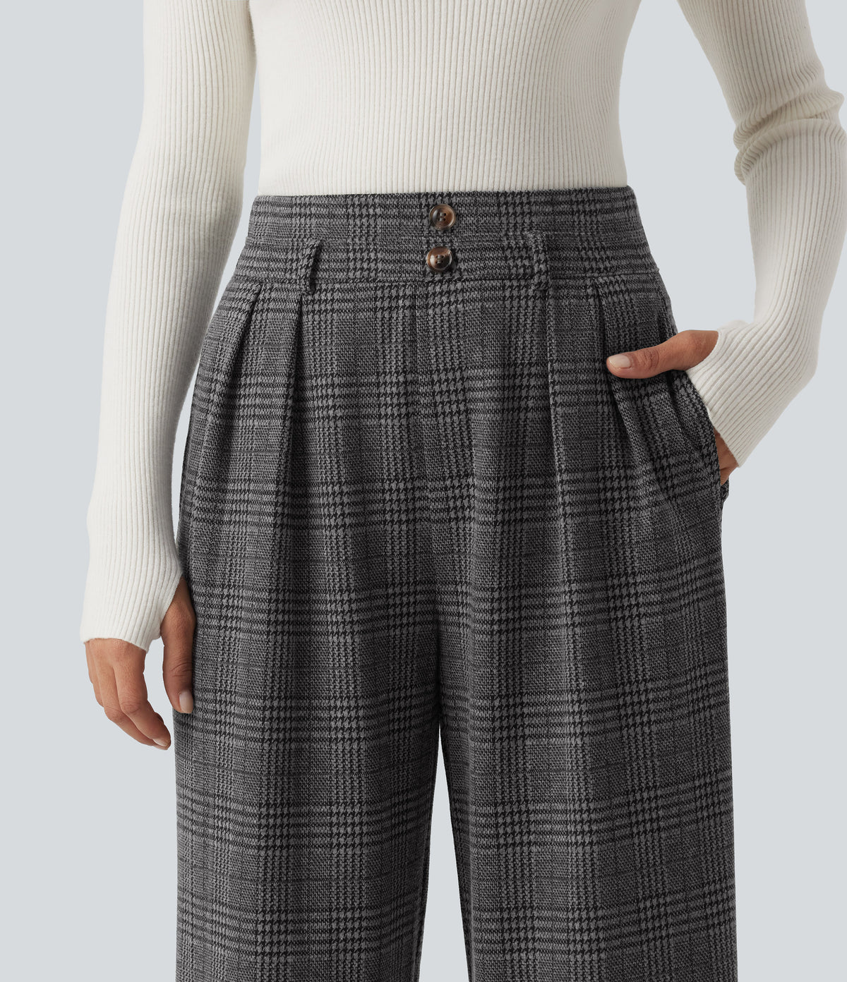High Waisted Houndstooth Plaid Wide Leg Work Trousers with Pockets — Dark Gray Plaid — view 4