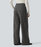 High Waisted Houndstooth Plaid Wide Leg Work Trousers with Pockets — Dark Gray Plaid — view 2