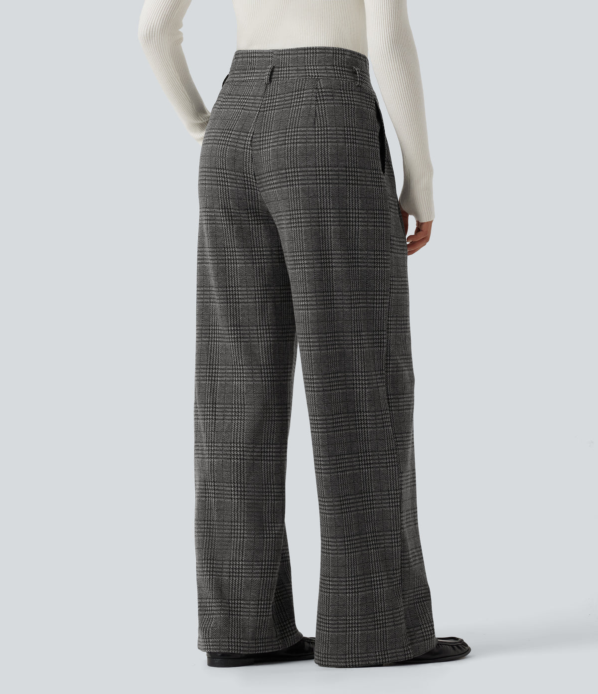 High Waisted Houndstooth Plaid Wide Leg Work Trousers with Pockets — Dark Gray Plaid — view 2