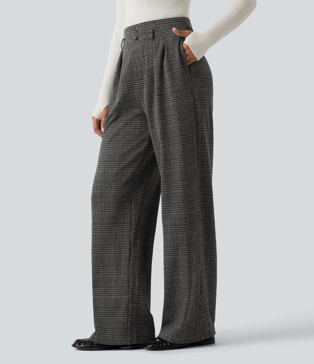 High Waisted Houndstooth Plaid Wide Leg Work Trousers with Pockets — Dark Gray Plaid — view 3