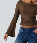 Boat Neck Flounce Long Sleeve Ruched Casual Top — Soft Silt — view 5