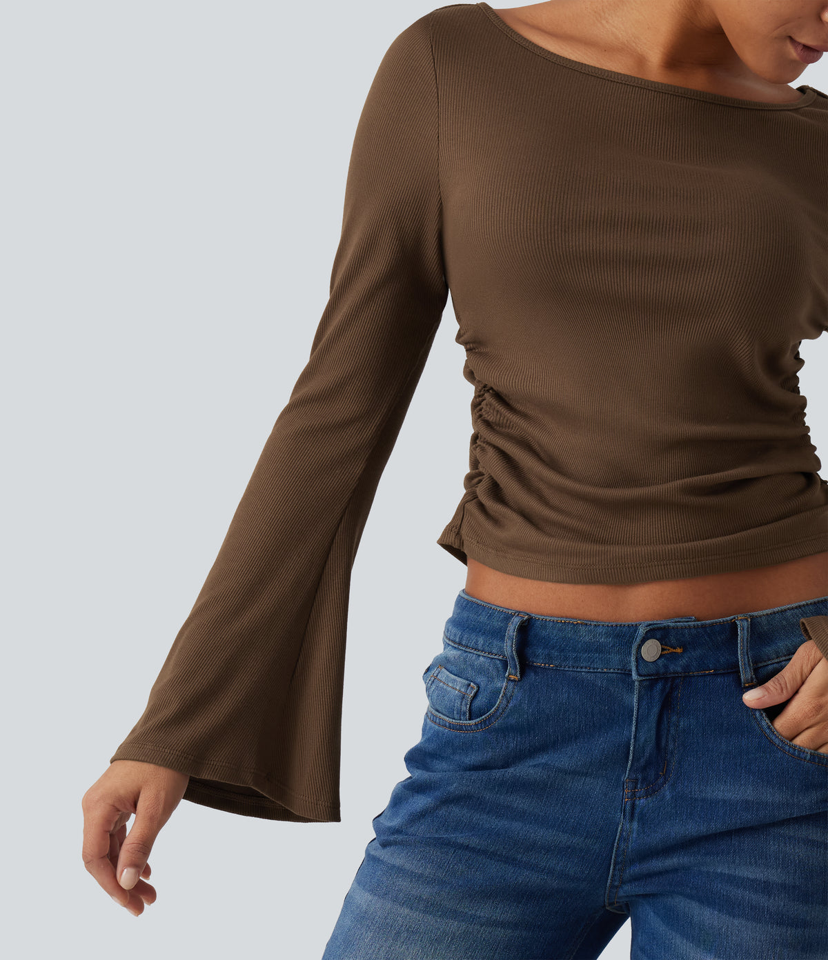Boat Neck Flounce Long Sleeve Ruched Casual Top — Soft Silt — view 5