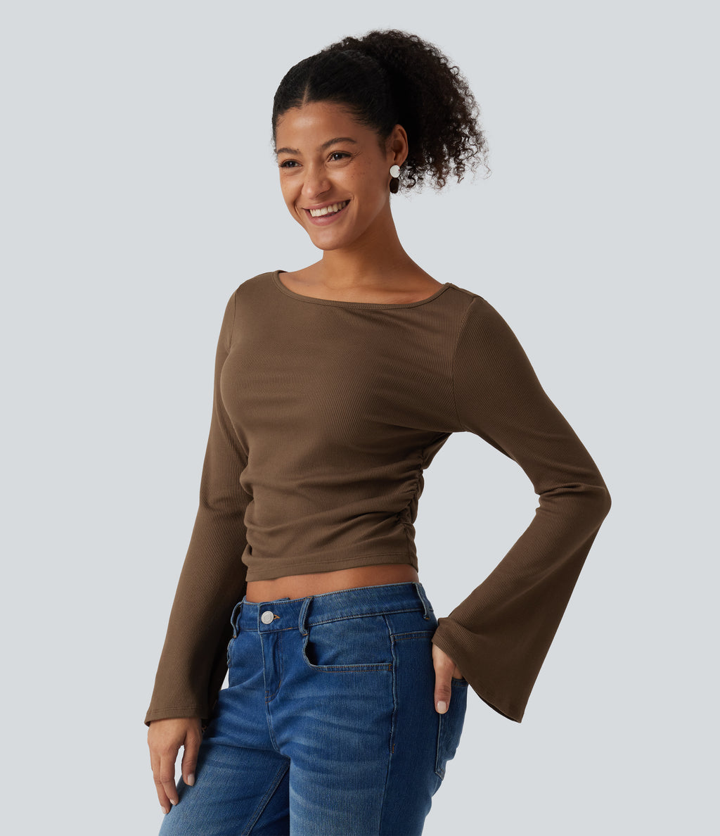 Boat Neck Flounce Long Sleeve Ruched Casual Top — Soft Silt — view 3