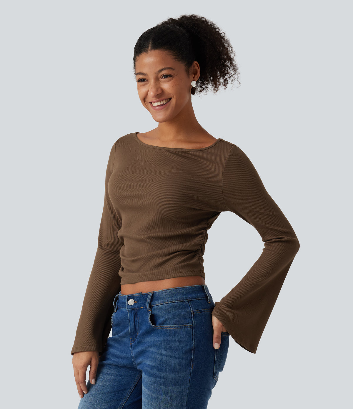 Boat Neck Flounce Long Sleeve Ruched Casual Top — Soft Silt — view 3