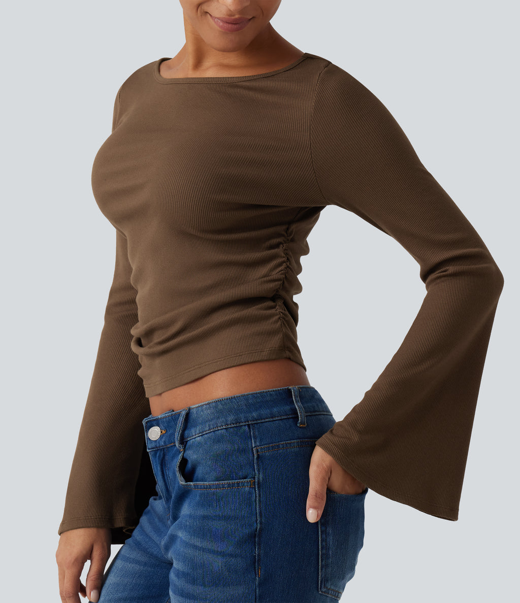 Boat Neck Flounce Long Sleeve Ruched Casual Top — Soft Silt — view 6