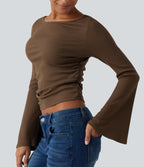 Boat Neck Flounce Long Sleeve Ruched Casual Top — Soft Silt — view 6