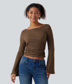 Boat Neck Flounce Long Sleeve Ruched Casual Top — Soft Silt — view 4