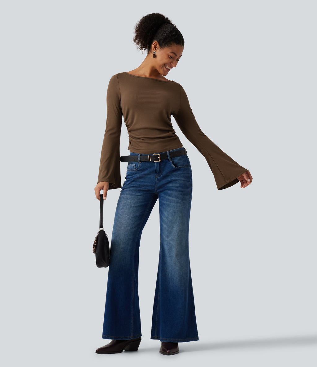 Boat Neck Flounce Long Sleeve Ruched Casual Top — Soft Silt — view 8