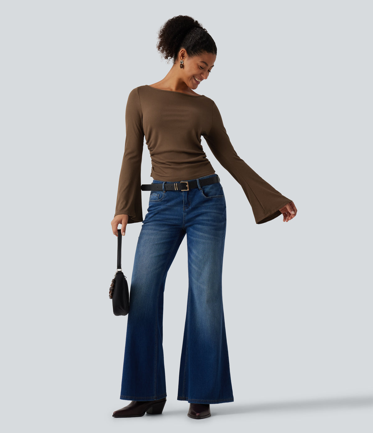Boat Neck Flounce Long Sleeve Ruched Casual Top — Soft Silt — view 8