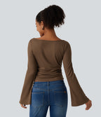 Boat Neck Flounce Long Sleeve Ruched Casual Top — Soft Silt — view 2