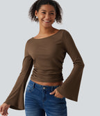 Boat Neck Flounce Long Sleeve Ruched Casual Top — Soft Silt — view 1