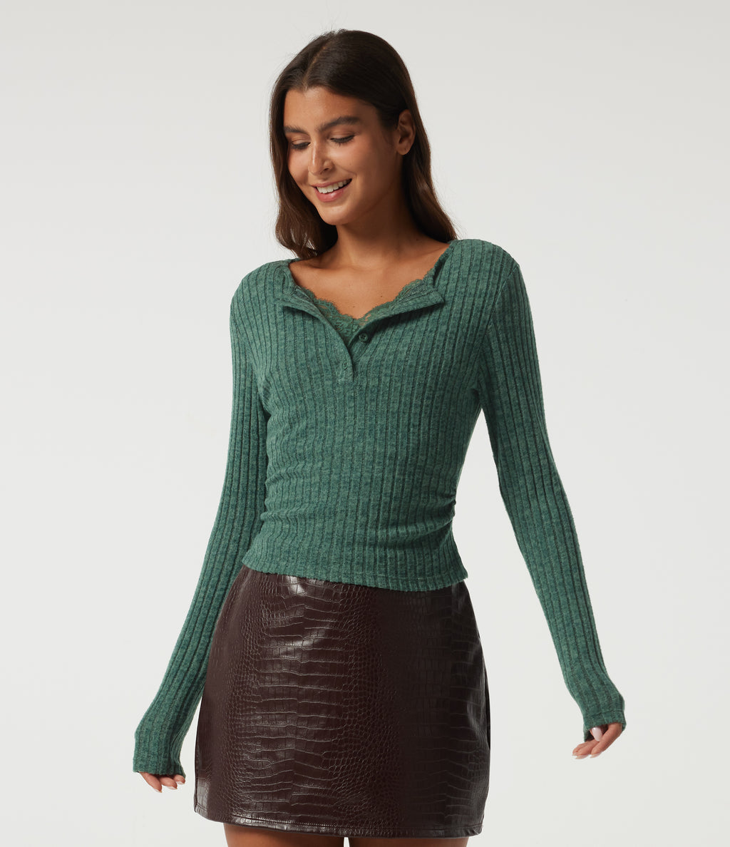 Ribbed Knit V Neck Long Sleeve Contrast Lace Casual Top — Mottled Greenlake — view 4